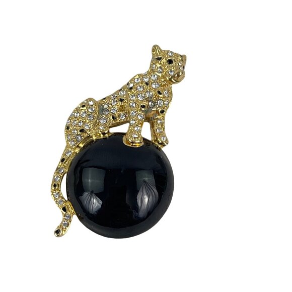 Gold Leopard Brooch Pin With Black Onyx and  Rhinestone Accents - Picture 2 of 8